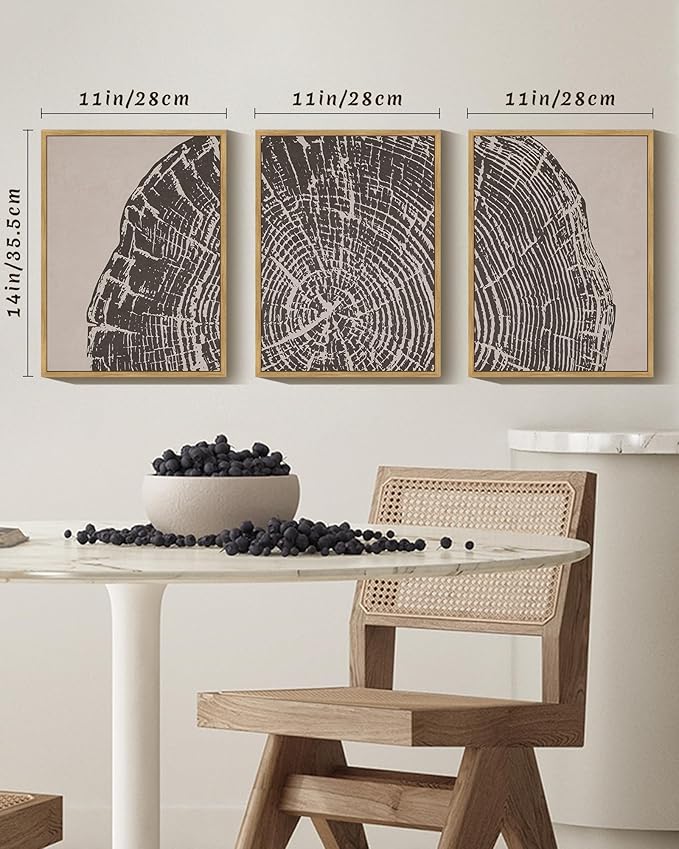 PHOPAGO Farmhouse Vintage Framed Wall Art Set Gray Wood Tree Ring Spirals Nature Abstract Drawings Rustic Modern Art Decor for Living Room Bedroom - 11x14in Natural Framed
