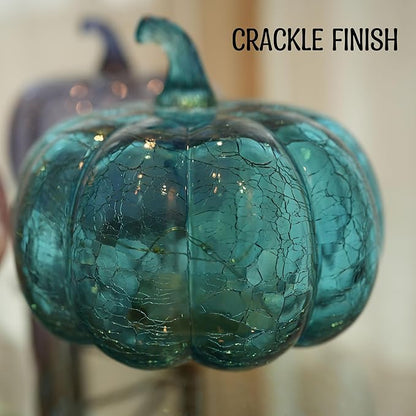 Aqua Blue Crackle Glass Pumpkin Twinkling Light with Timer- Fall Decoration for Home-Lamps for Festive Decoration-Halloween Decorations