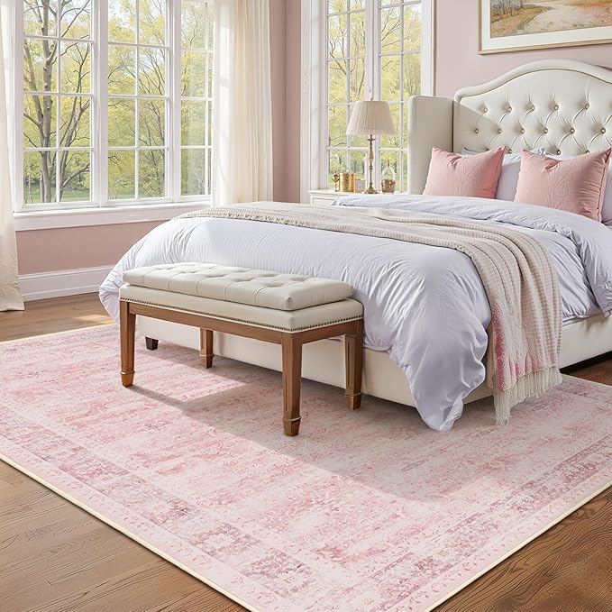 Pink Rug 5x8 for Bedroom Girls, Washable Non Slip Nursery Kids Room Rug Dorm, Aesthetic Distressed Area Rugs for Living Room, Low Pile Thin Carpet Rug for Playroom Dining Room Home Office
