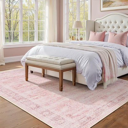 Pink Rug 5x8 for Bedroom Girls, Washable Non Slip Nursery Kids Room Rug Dorm, Aesthetic Distressed Area Rugs for Living Room, Low Pile Thin Carpet Rug for Playroom Dining Room Home Office