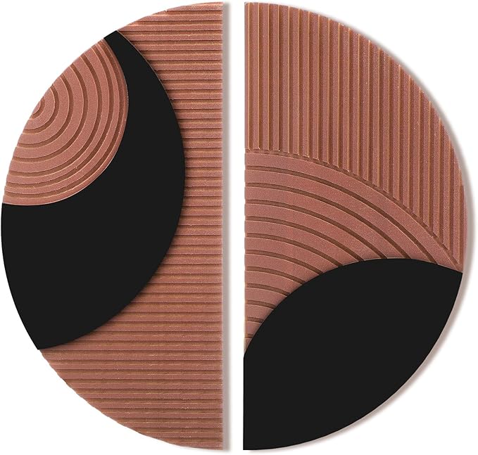 BrightRow 2 Pcs Boho Round Wall Decor Wood Mid-century Wall Art Geometric Half-circle Line Art Design Hand-carved for Farmhouse and Country Style Interior Decoration, 11.8 Inches