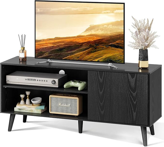 WLIVE TV Stand for 55 Inch TVs, Entertainment Center with Storage Cabinet, Mid-Century TV Stands for Living Room and Bedroom, 50" TV Console, Black