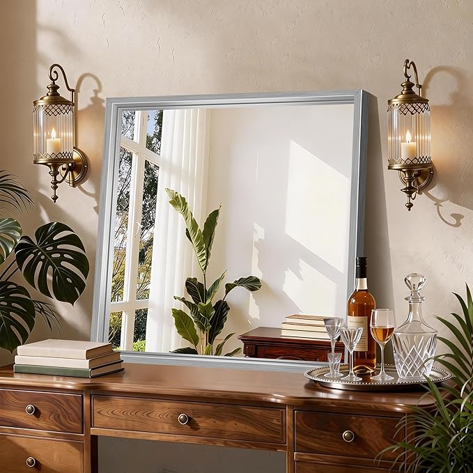CIRCUMI 30"x30" Brushed Silver Mirror with Chunky Box Metal Frame, Bathroom Mirror for Vanity Remodel & New Home, Living Room, Entryway, Square Wall Mirror, Tempered Glass, Vertical or Horizontal