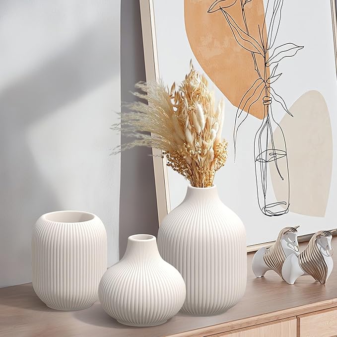 White Small Ceramic Vases Set of 3, Matte Vertical Ribbed, Minimalist for Pampas Dried & Fresh Flowers, Centerpiece for Living Room, Shelf, Entryway,Wedding,Office