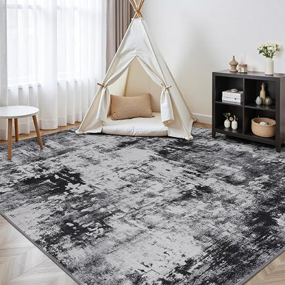 Rugflix 10x12 Area Rugs for Living Room, Black Grey Large Rug Stain-Resistant Low Pile, Big Washable Dark Carpet Non-Slip for Bedroom Dining Room Home Office Nursery Room
