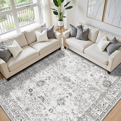 Grey White Area Rugs 10x14 for Living Room, Non Slip Machine Washable Floral Rugs, Low Pile Lightweight Large Rug for Bedroom, Dining Room, Home Office