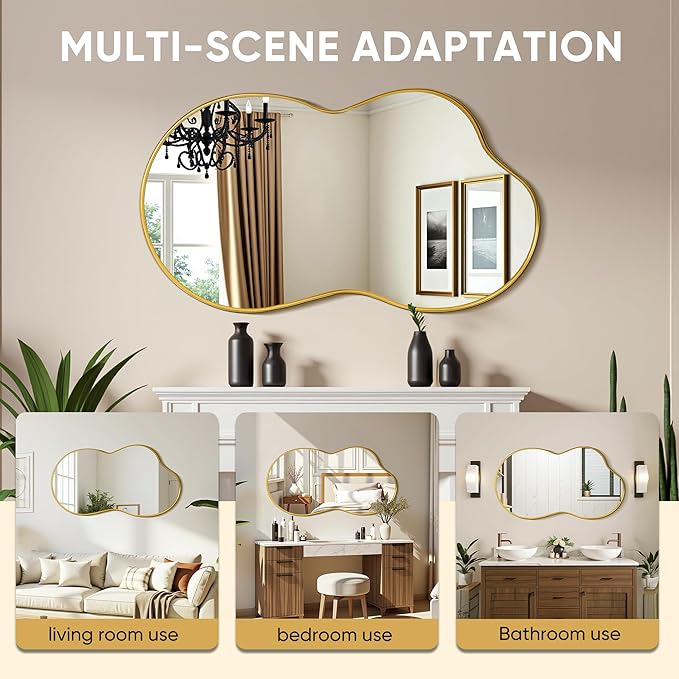 Suidia Irregular Wall Mirror, 36"x20" Bathroom Mirror Asymmetrical Mirrors Artistic Mirrors Decorative for Living Room Bedroom Bathroom Hallway Entryway, Gold, Cloud Style