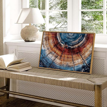 BingruiArt Framed Tree Ring Wall Art Blue and Red Boho Wall Decor Nature Print Wood Canvas Rustic Artwork Abstract Painting Modern Picture for Living Room Bedroom Bathroom 16"x24" Natural Framed(01)