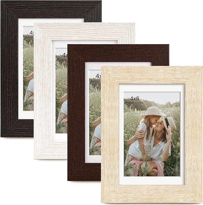 Momentworth 4x6 Picture Frame with Mat for 3.5x5, Multicolour Wood Grain Gallery Wall Picture Frames for Tabletop or Wall Mounting(4 Pack, Multicolour)