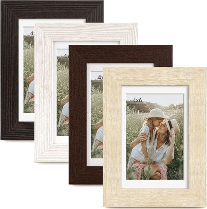 Momentworth 4x6 Picture Frame with Mat for 3.5x5, Multicolour Wood Grain Gallery Wall Picture Frames for Tabletop or Wall Mounting(4 Pack, Multicolour)