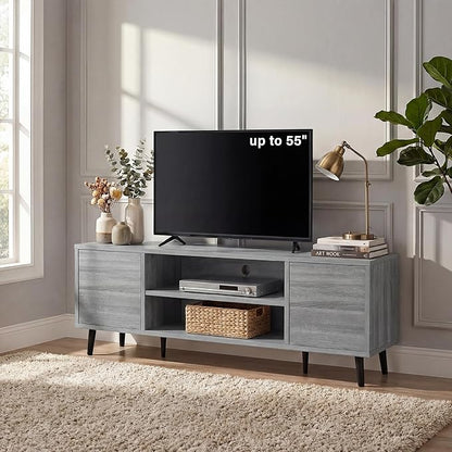 YESHOMY Mid-Century Modern TV Stand for 43-55 Inch TVs, 50 Inch Entertainment Center with Storage, Media Console with Push-to-Open Doors and Cable Management for Living Room, Bedroom (Light Gray)