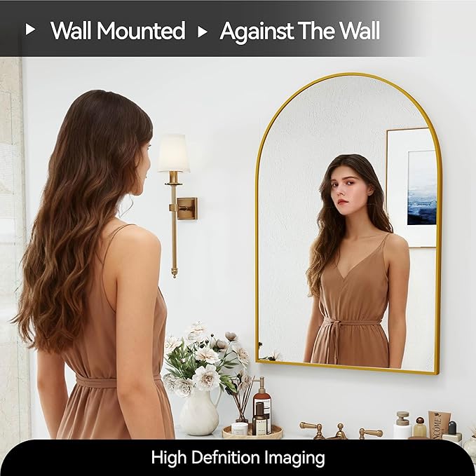 SCWF-GZ 24x36 Arch Mirror Rectangle Full Length Wall Mounted Hanging or Against Wall Metal Aluminum Alloy Frame Dressing Make-up Mirrors for Entryway Bedroom Bathroom Living Room 24 36 inch Gold