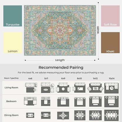 Kokia 8x10 Washable Turquoise Teal Area Rugs with Vintage Orient Design Soft Rug for Living Room or Bedroom Non-Slip Low Pile Stain Resistance Features Distressed Medallion Pattern