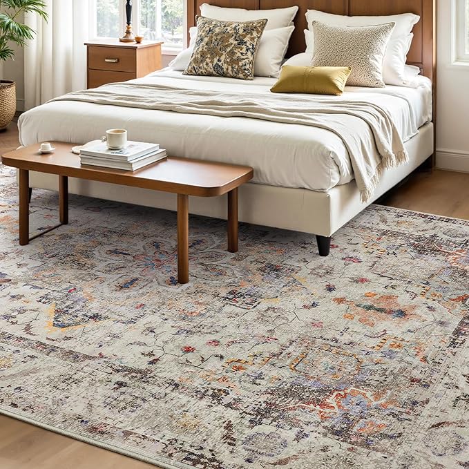 YOH Boho Washable Rug 6x9, Vintage Multi Non Slip Area Rug, Distressed Indoor Carpet for Living Room Bedroom Kitchen Office