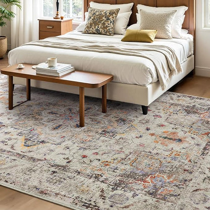 YOH Boho Washable Rug 6x9, Vintage Multi Non Slip Area Rug, Distressed Indoor Carpet for Living Room Bedroom Kitchen Office