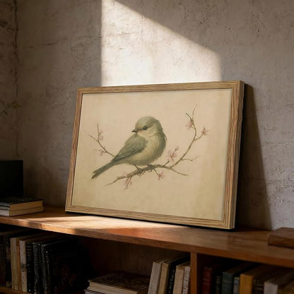 Vintage Bird Wall Art, Cherry Blossom Spring Pictures Canvas Wall Decor, Rustic Farmhouse Bird Animal Artwork Print Poster for Living Room Bedroom Bathroom 16x24 Inch Framed