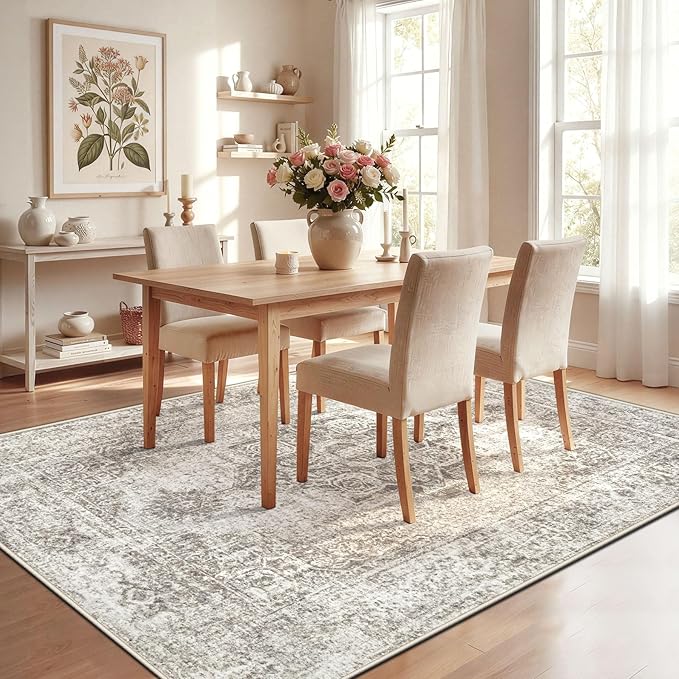 6x9 Area Rugs for Living Room, Washable Vintage Boho Medallion Rug Non Slip Low Pile Floor Carpet for Bedroom Nursery Dining Room (Taupe, 6'x9')
