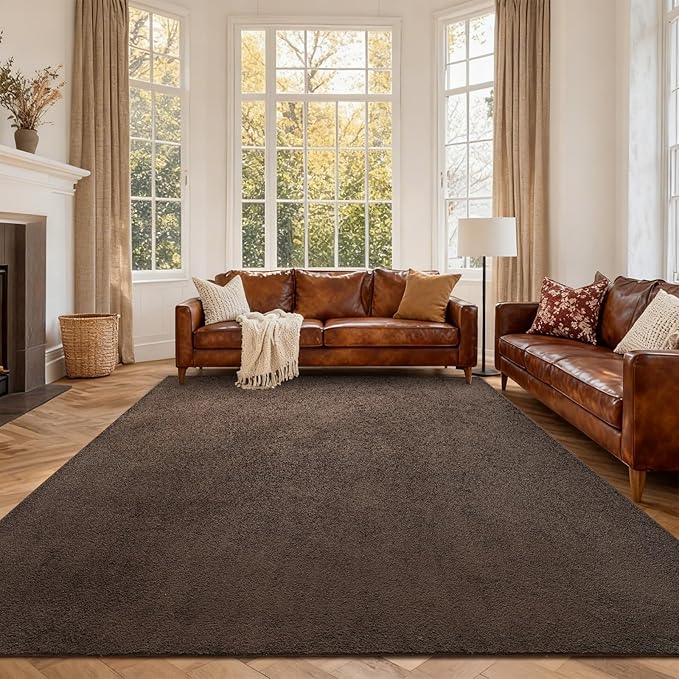FinRèc 7x10 Washable Area Rugs for Bedroom Living Room, Low Pile Thin Rug Solid Color, Non-Slip Carpet Indoor for Home Decor (Pure Brown)