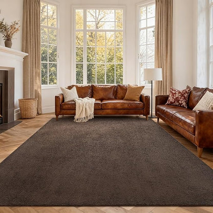 FinRèc 7x10 Washable Area Rugs for Bedroom Living Room, Low Pile Thin Rug Solid Color, Non-Slip Carpet Indoor for Home Decor (Pure Brown)