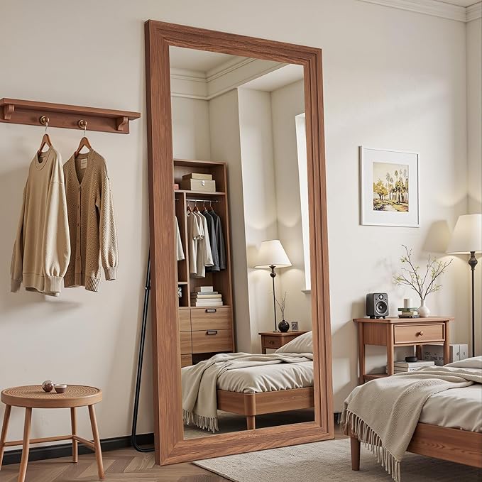Antok Full Length Mirror with Solid Wood Frame, 81"×41" Wall Mounted Oversized Floor Mirror with Stand, Leaning Standing Hanging for Bedroom Living Room Entryway, Brown, Rect Style