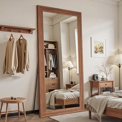 Antok Full Length Mirror with Solid Wood Frame, 81"×41" Wall Mounted Oversized Floor Mirror with Stand, Leaning Standing Hanging for Bedroom Living Room Entryway, Brown, Rect Style