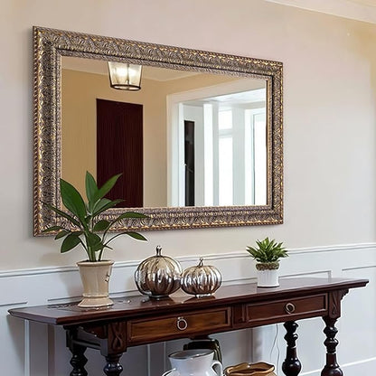 Chende 41" L x 29" W Rectangular Wall Mirror for Living Room Decor, Large Decorative Mirror with Bronze Carved Wood Frame, Dining Room, Bedroom, Hallway, Salon