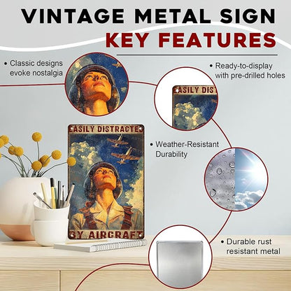 Airplanes Sign for Home Decor Easily Distracted By Airplanes Vintage Metal Poster Retro Art Decor for Backyard Garage Man Cave Shed Office Craft Room 8x12inch