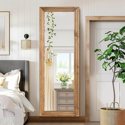 65"x22" Full Length Mirror Solid Wood Frame Floor Mirror with Stand for Living Room, Bedroom Hanging Standing or Leaning, Wood Color