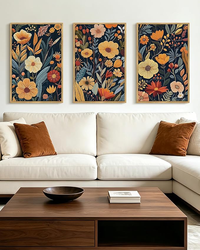 PHOPAGO Vintage Flower Framed Wall Art Large 16x24in Boho Colorful Floral Wall Decor Retro Botanical Wildflower Modern Art Prints Living Room Bedroom Home Decor - Natural Framed