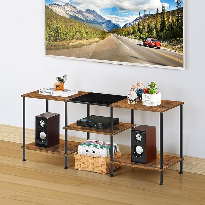 Industrial TV Stand with Storage for 50 inch TV Rustic TV Cabinet with Open Storage Shelf Small Entertainment Center Wood Console Table with Metal Round Tubes for Living Room Bedroom, Brown, 45 Inches