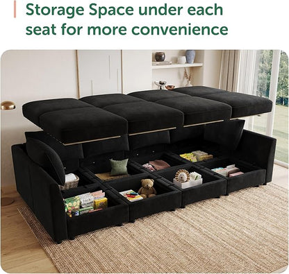 HONBAY Modular Sectional Sofa Velvet Sleeper Couch with Storage Seats Oversized Sectional Couches for Living Room,Black