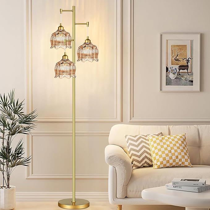 AHDWDW Gold Floor Lamp for Living Room Bedroom,Modern Floor Lamps with Unique Glass Shades,68IN Mid Century Tall Standing Lamp,Vintage Tree Floor Lamp for Corner Office Reading,3 Light Bulb Included
