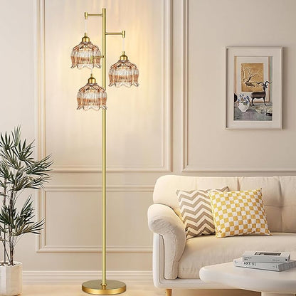 AHDWDW Gold Floor Lamp for Living Room Bedroom,Modern Floor Lamps with Unique Glass Shades,68IN Mid Century Tall Standing Lamp,Vintage Tree Floor Lamp for Corner Office Reading,3 Light Bulb Included