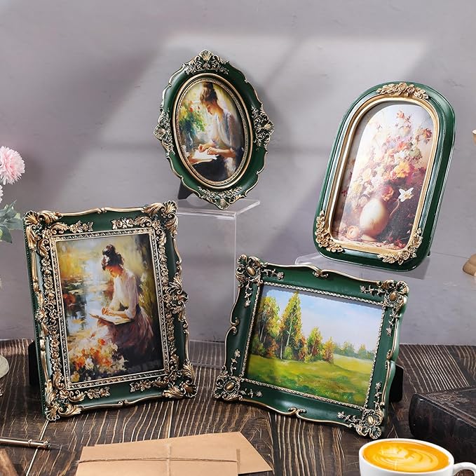 Geetery 4 Pcs Vintage Picture Frames Set, Green Ornate Baroque Frames for Gallery Wall, Antique Victorian Decorative Photo Frame for Tabletop or Wall Display, Shabby Cottagecore Home Decor