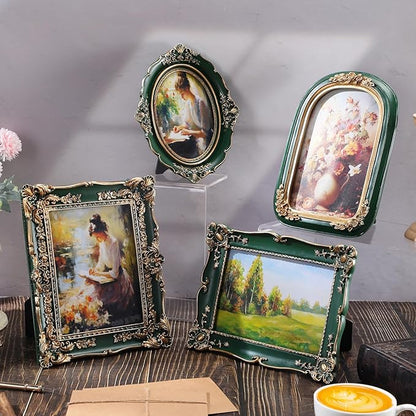Geetery 4 Pcs Vintage Picture Frames Set, Green Ornate Baroque Frames for Gallery Wall, Antique Victorian Decorative Photo Frame for Tabletop or Wall Display, Shabby Cottagecore Home Decor