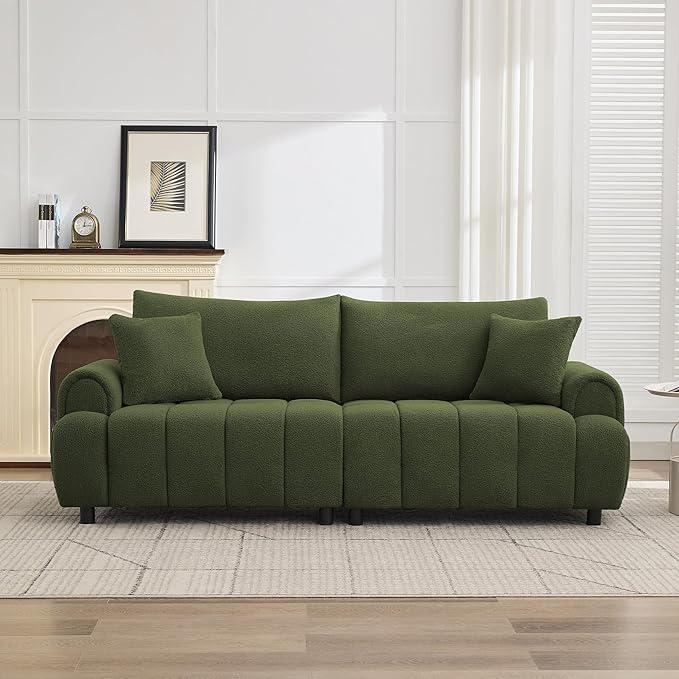 88 "Modern Boucle Sofa Couch, Oversized Comfy 3 Seater Sherpa Curved Sofas Deep Seat, Upholstered Loveseat Teddy Round Arm Couches for Living Room, Bedroom, Green