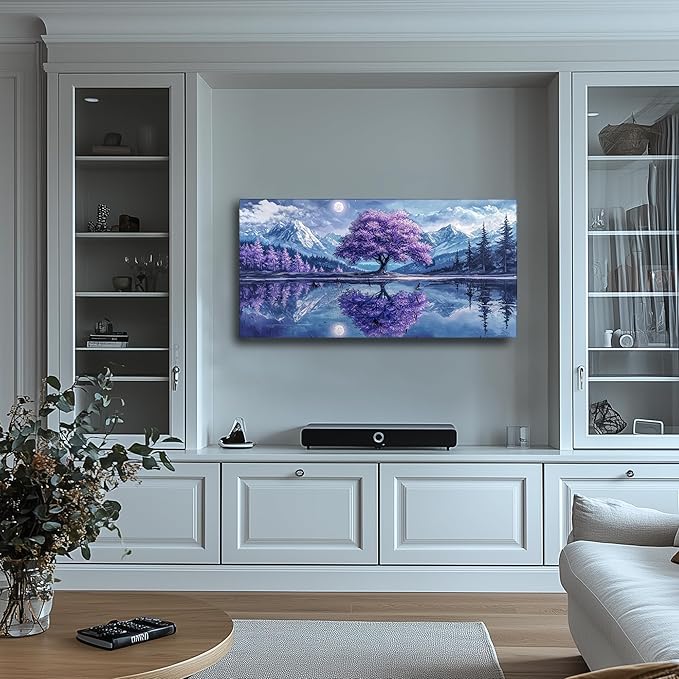 SERIMINO Tree of Life Large Wall Art for Living Room, Fantasy Landscape Canvas Prints, Snow Mountain Lake Pictures, Purple Tree Paintings Wall Decor for Bedroom, Office Decor 24"X48"