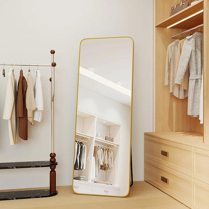 NARCISSUS 57x20 Mirror Door Hanging Full Length Body with Floor Stand or Wall Mounted Metal Aluminum Frame Tempered Glass Rectangle Mirrors for Bedroom Dressing Living Room Bathroom 57 inch Gold