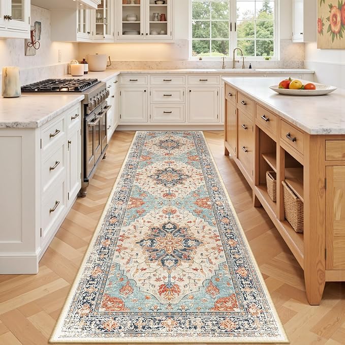 RELEANY Area Rugs 2'x7' Runner Rug Non Slip Washable for Kitchen Hallway Bedroom Beside Laundry Room Bathroom Rug, Floor Carpet, Beige Navy Blue Orange Colorful