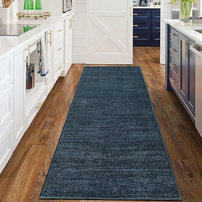 Hallway Runner Rug 2.5x8 Washable Non Slip Kitchen Runner Rugs Low Pile Modern Solid Color Living Room Rugs Minimalist Plain Entry Long Runners Boho Accent Solid Runner Rugs for Bedroom Nursery, Blue