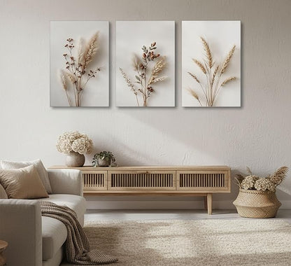 3Pcs Beige Neutral Floral Botanical Canvas Wall Art Modern Minimalist Beige Flower Plant Painting Wall Decor Poster Print Artwork for Living Room Bedroom Bathroom Home Decortion