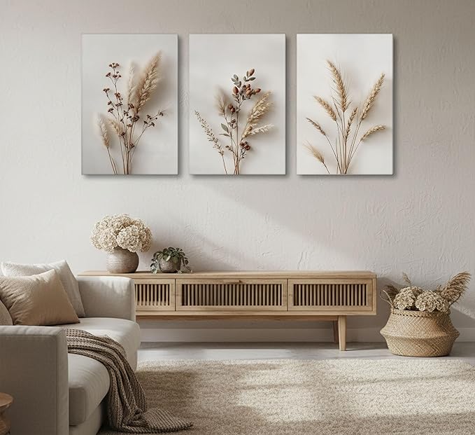 3Pcs Beige Neutral Floral Botanical Canvas Wall Art Modern Minimalist Beige Flower Plant Painting Wall Decor Poster Print Artwork for Living Room Bedroom Bathroom Home Decortion