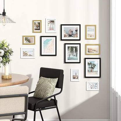 Venusmiles 12 Pack Picture Frames Collage Wall Decor, Gallery Frame Set for Wall Mounting or Tabletop Display, Multi Sizes Including 4pcs 8x10, 4pcs 5x7, 4pcs 4x6, Black+White+Gold