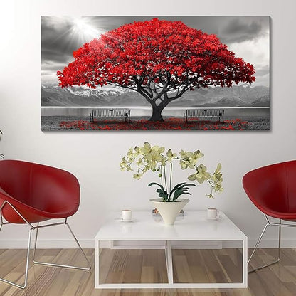 Red Wall Art - Modern Framed Wall Art for Living Room - Large Red Tree Black and White Landscape Canvas Prints - Posters & Prints for Home Office Bedroom Decorations - Large Wall Pictures 29×58IN