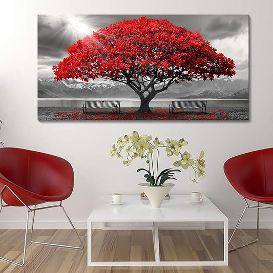 Red Wall Art - Modern Framed Wall Art for Living Room - Large Red Tree Black and White Landscape Canvas Prints - Posters & Prints for Home Office Bedroom Decorations - Large Wall Pictures 29×58IN