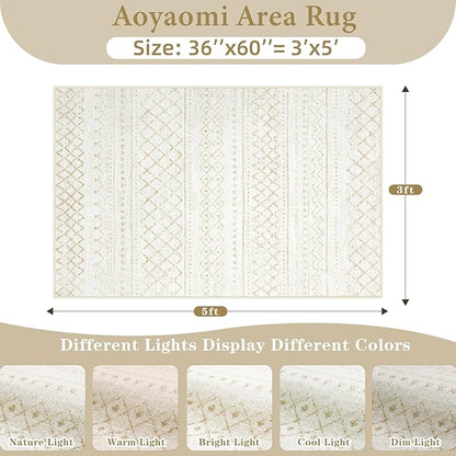 Area Rug 3x5 Geometric Rug: Washable Boho Moroccan Rugs Soft Farmhouse Rug, Modern Neutral Stain Resistant Indoor Floor Carpet for Livingroom Bedroom Dining Table Nursery(Beige,3X5)