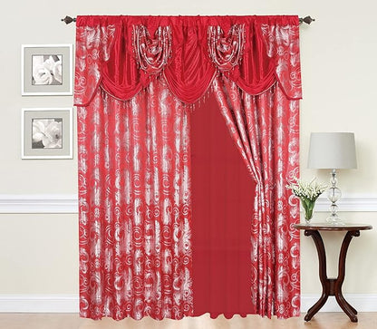 GLORY RUGS Jacquard Luxury Window 2 Panel Set Red Curtain with Attached Valance and Backing Bedroom Living Room Dining 2 Curtains 55x84 inches Each Jana