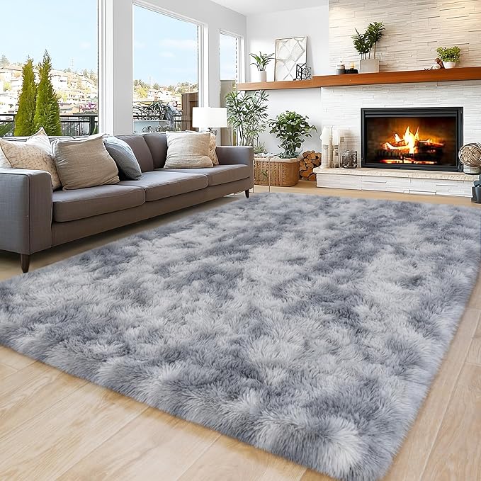 Area Rugs 9x12 Living Room, Ultra Soft Shaggy Fluffy Rug for Bedroom, Upgrade Non-Slip Fuzzy High Pile Plush Large Rugs for Nursery Boys Girls Kids Room Modern Indoor Home Decor, Tie-Dye Silver Grey