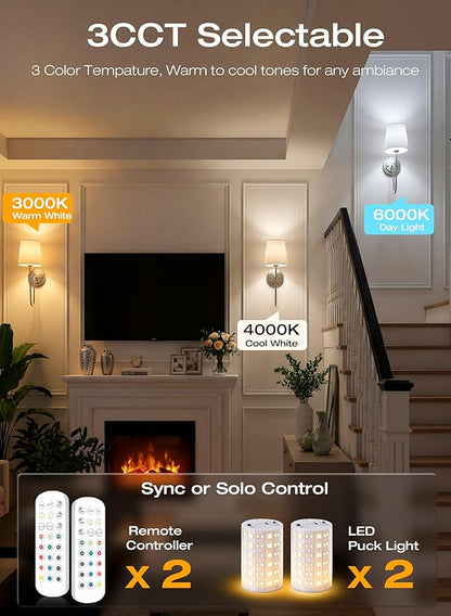 CLOUDY BAY 10000mAh Battery Operated Wall Sconces,Up to 100 Hours with Rechargeable RGB Dimmable Magnetic Bulb,Cordless Wall Lighting Fixtures with Remote for Bedroom,Brushed Nickel,2 Pack-15.4in