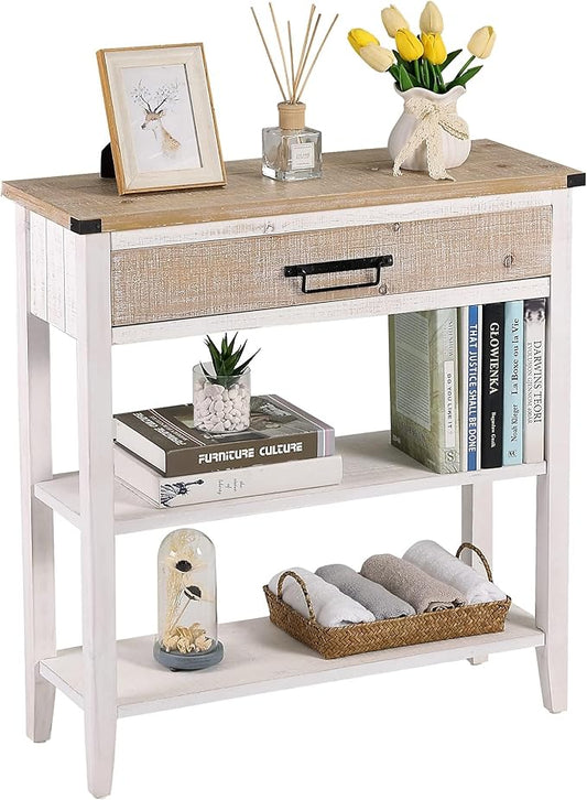 RUSTOWN Farmhouse Console Table with Drawer, 3-Tier Rustic Entryway Table with Open Storage Shelves and Handmade Metal Handle, Narrow Foyer Sofa Table for Living Room, Entryway, Hallway (Washed White)